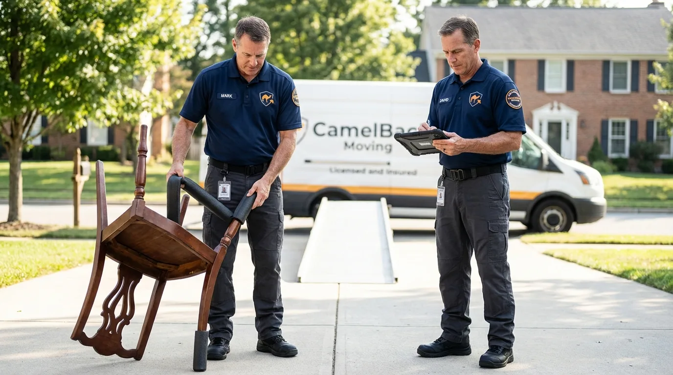 Movers inspecting furniture for damage prevention before loading in Glencoe, IL